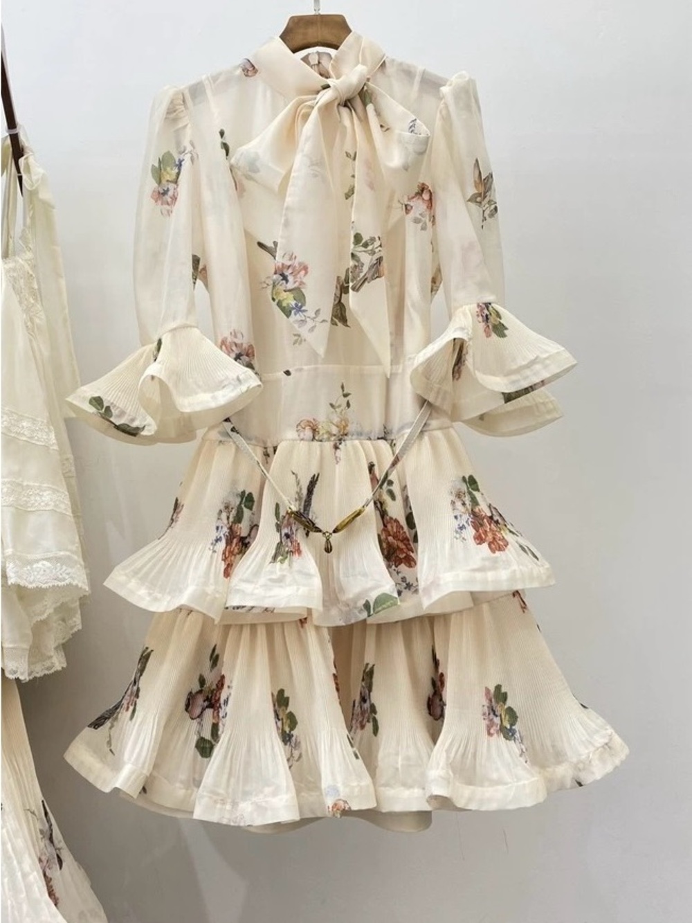 Zimmermann Cream Floral Tie-Neck Tiered Mini Dress - Picture 2 of 10